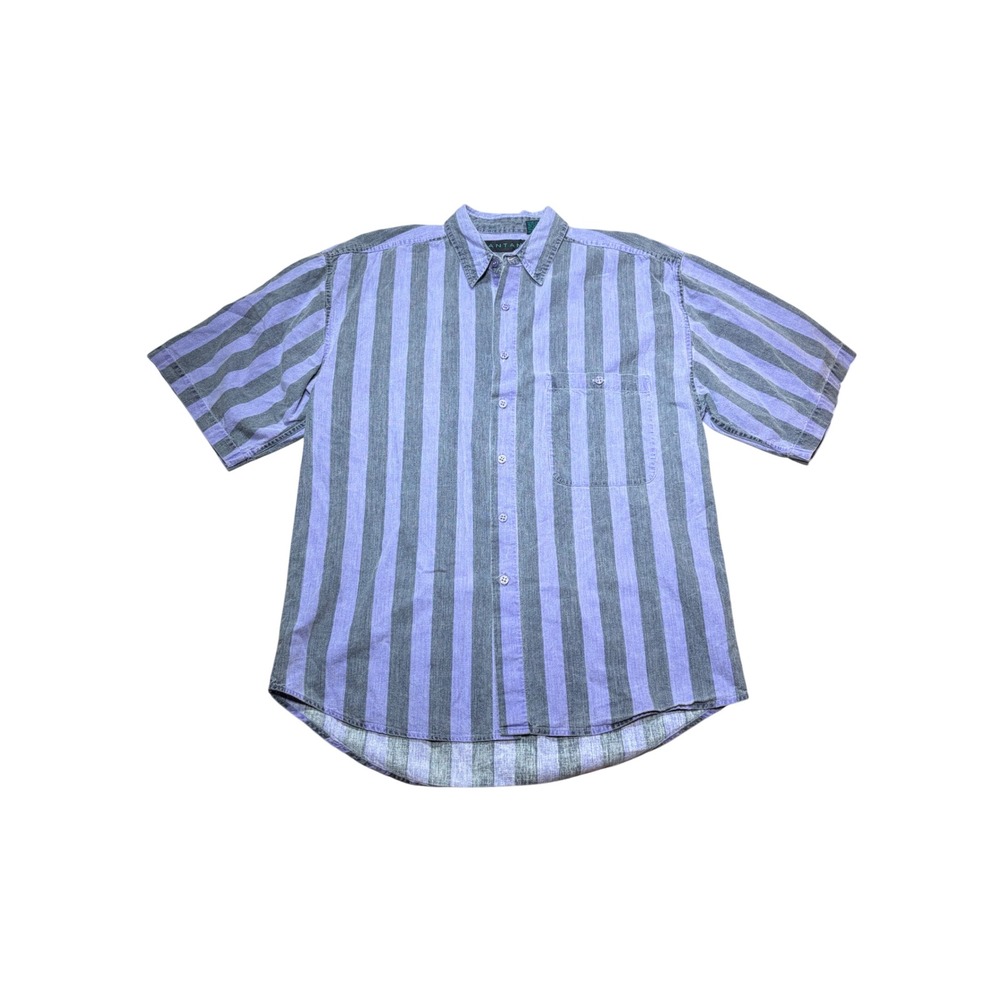 Vintage Santana Mens Large Purple Grey Striped Cotton Short Sleeve Button Down